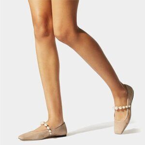 FOWT Nude Square Toe Slip on Flats Pearl Studded Strap Pumps Wedding Shoes